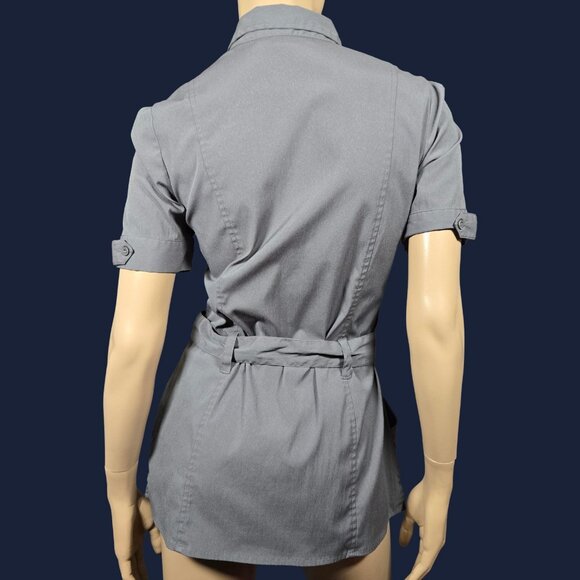 Y2K Belted Button Up Shirt Blouse Size M Grey Fitted Short Sleeve Utility Grunge - Picture 7 of 9